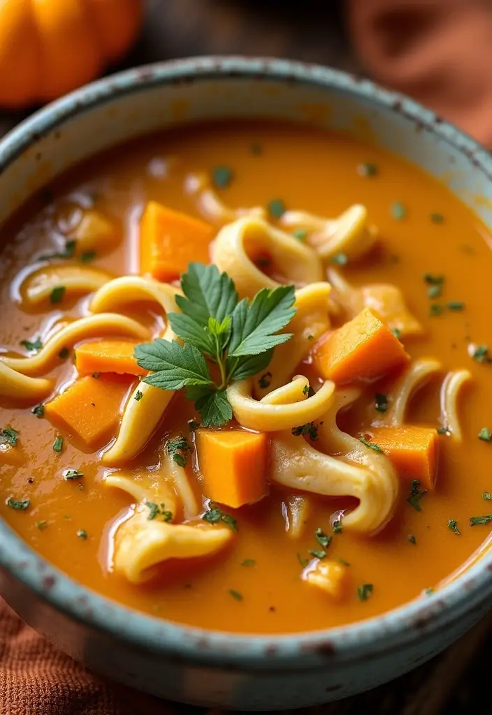 27 Homemade Chicken Noodle Soup Crockpot Recipes That Heal Fast - 13. Pumpkin Chicken Noodle Soup