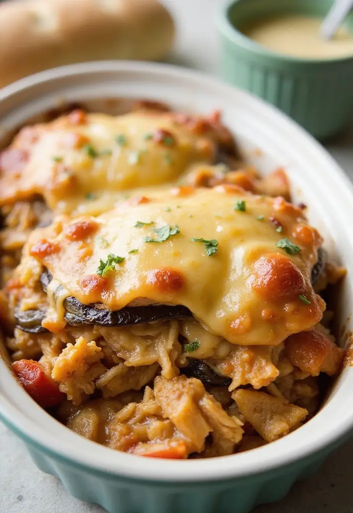 27 Low Carb Shredded Chicken Recipes That Make Meal Prep Easy - 14. Shredded Chicken and Eggplant Bake