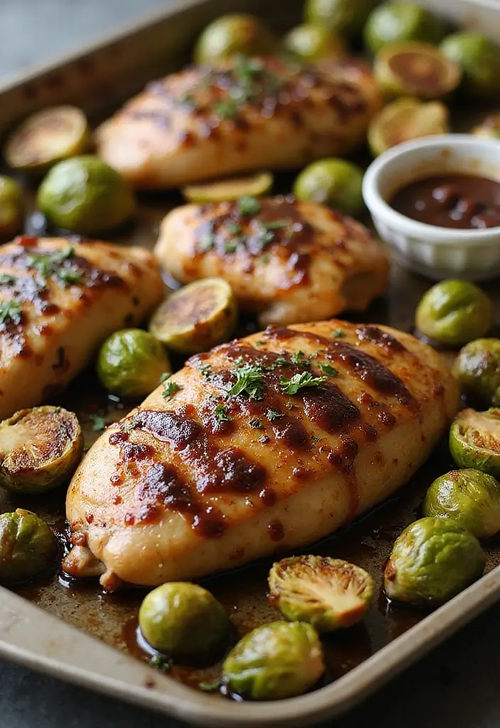 27 Sheet Pan Chicken Breast Recipes That Are Effortless & Juicy - 12. Balsamic Chicken with Brussels Sprouts