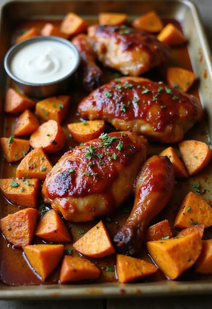 27 Sheet Pan Chicken Breast Recipes That Are Effortless & Juicy - 4. BBQ Chicken with Sweet Potatoes