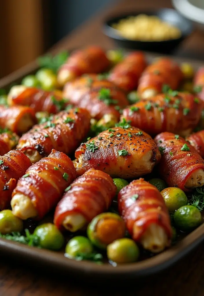 28 Chicken and Brussel Sprouts Recipes That Are Light & Nutritious - 24. Bacon-Wrapped Brussels Sprouts & Chicken