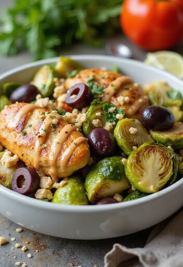 28 Chicken and Brussel Sprouts Recipes That Are Light & Nutritious - 8. Mediterranean Chicken & Brussels Sprouts Bowl