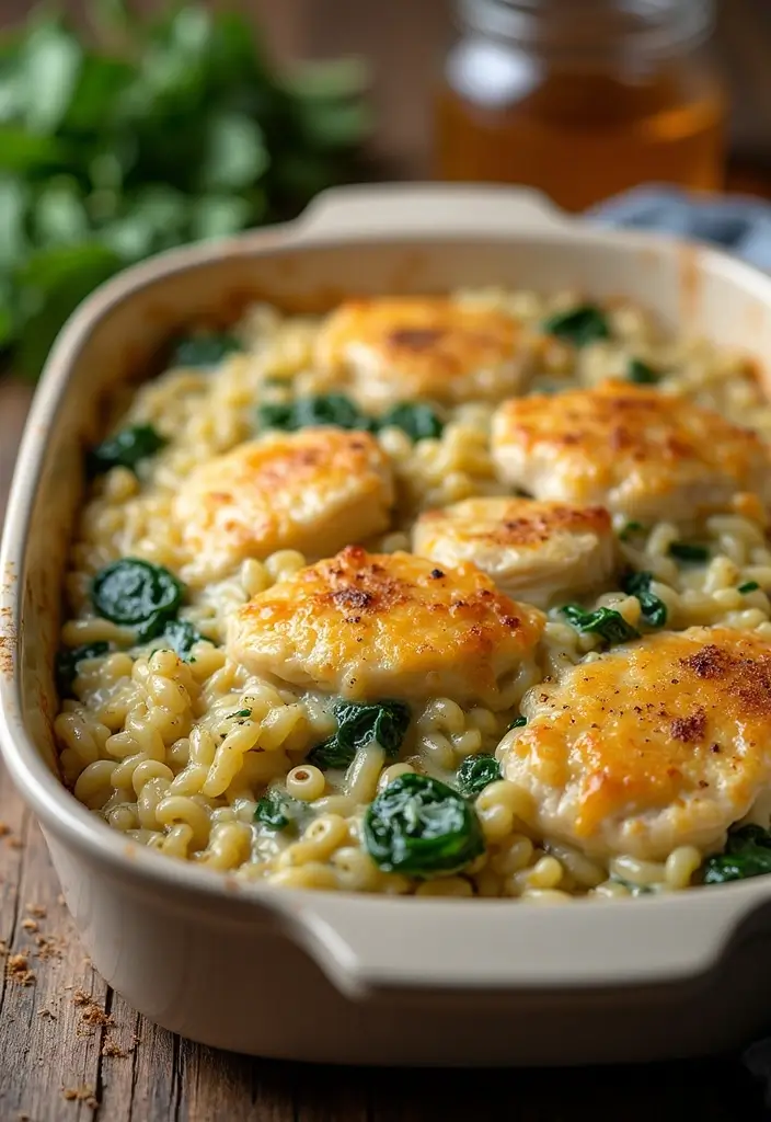 28 Chicken and Orzo Recipes That Are Mediterranean Inspired - 11. Chicken and Orzo Bake with Artichokes and Spinach