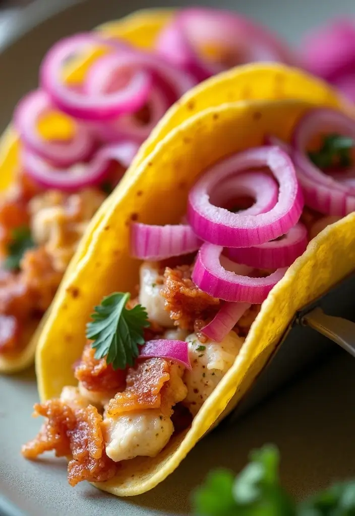 29 Chicken Bacon Ranch Tacos That Combine the Best Flavors - 20. Chicken Bacon Ranch Tacos with Pickled Red Onions