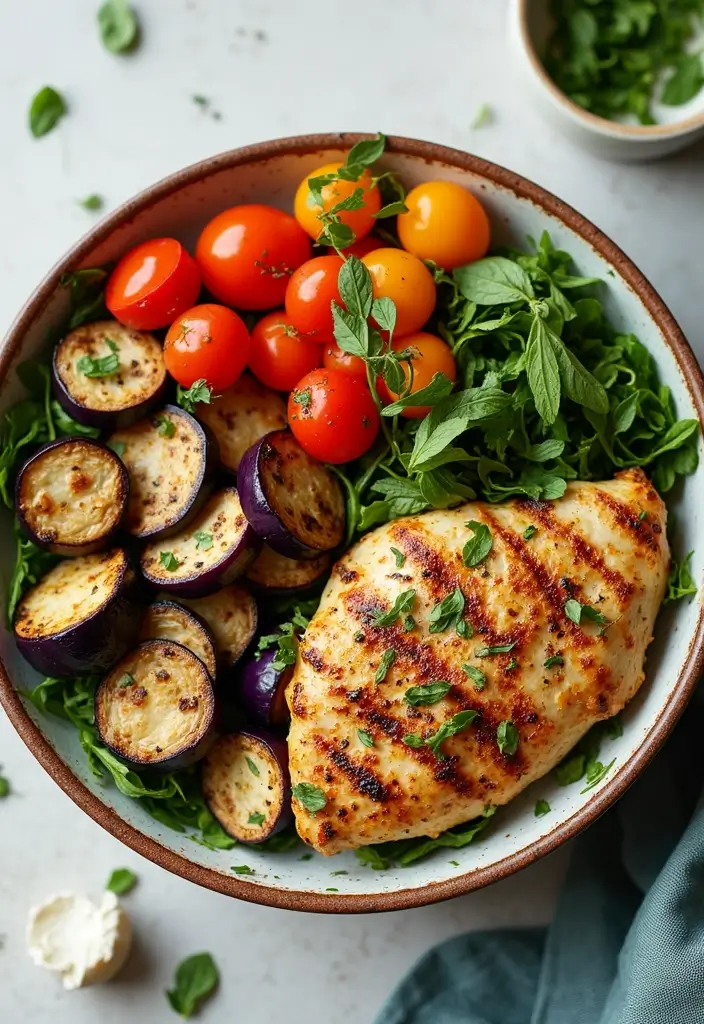 29 Healthy Greek Chicken Bowls That Feel Fresh and Balanced - 27. Greek Chicken and Eggplant Bowl