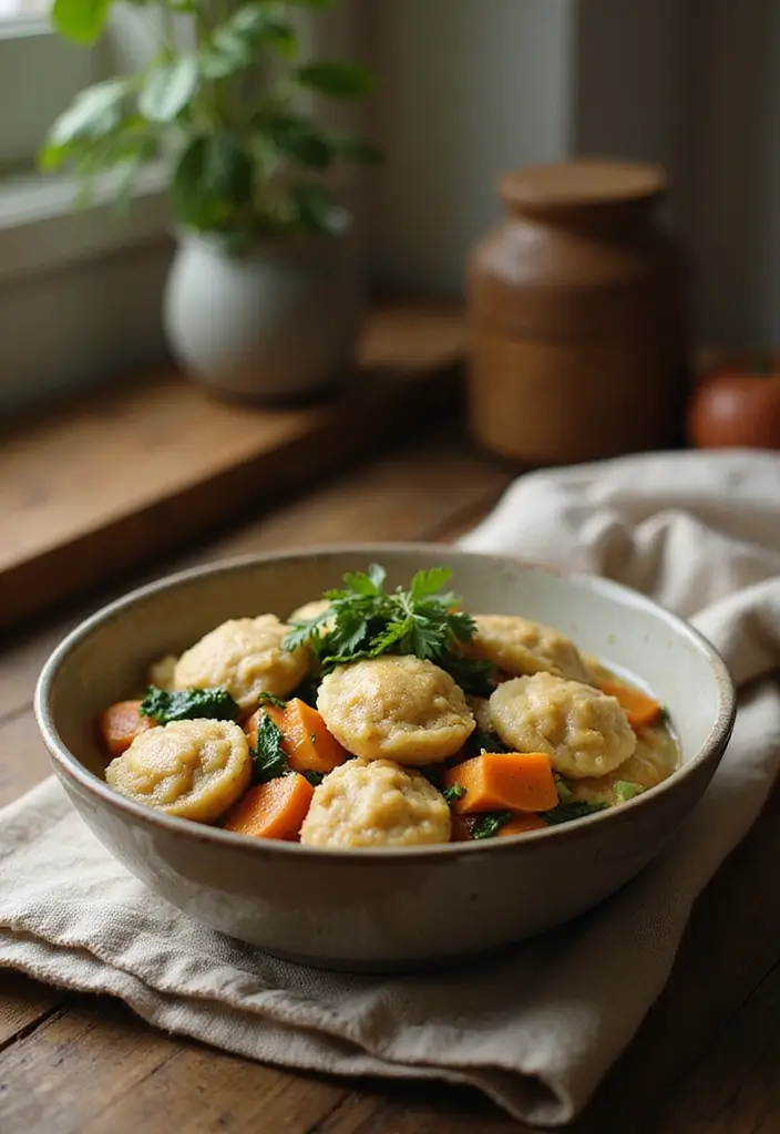 30 Vegan Chicken and Dumplings Recipes That Are Cozy & Dairy-Free - 28. Vegan Chicken and Dumplings with Sweet Potatoes and Spinach
