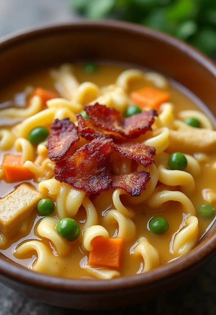 27 Homemade Chicken Noodle Soup Crockpot Recipes That Heal Fast - 11. Bacon and Pea Chicken Noodle Soup