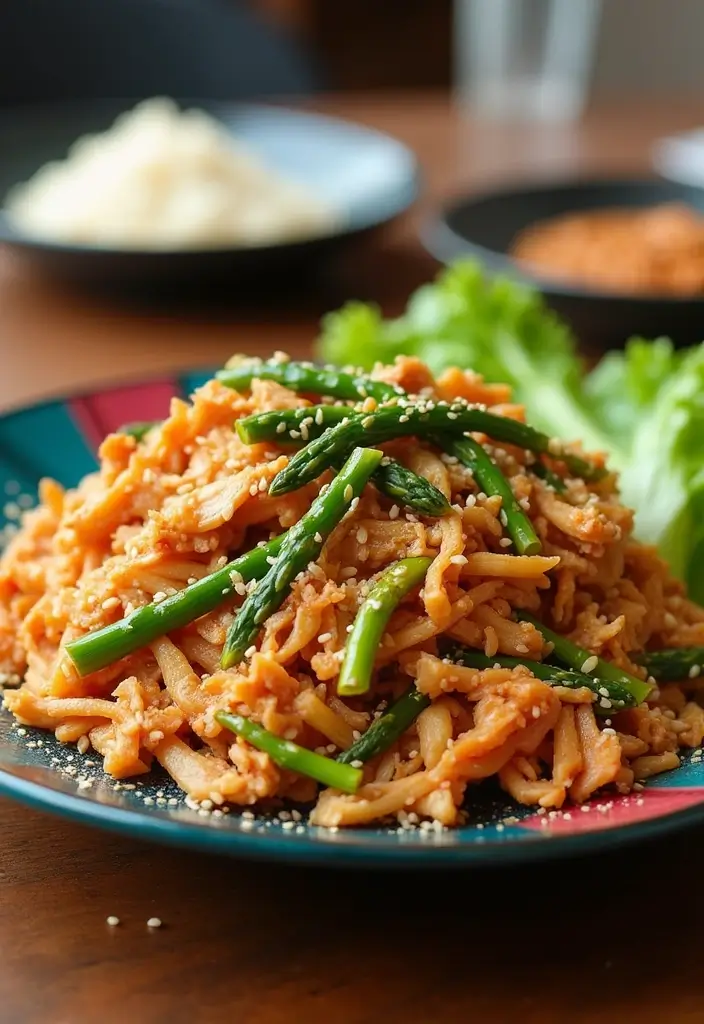 27 Low Carb Shredded Chicken Recipes That Make Meal Prep Easy - 12. Shredded Chicken and Asparagus Stir-Fry