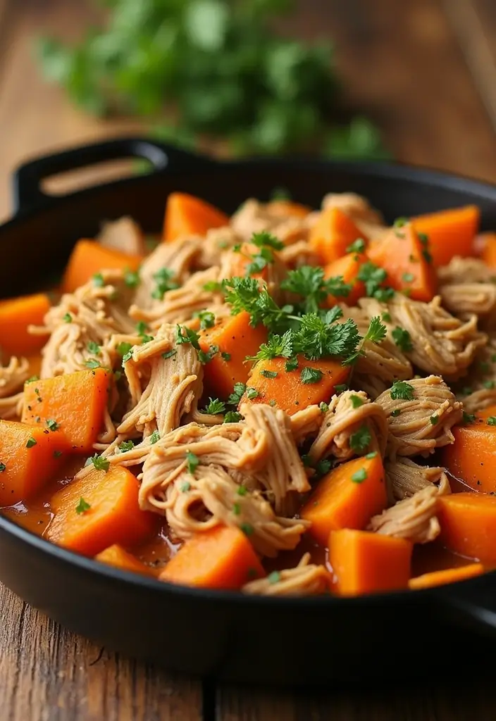 27 Low Carb Shredded Chicken Recipes That Make Meal Prep Easy - 22. Shredded Chicken and Sweet Potato Skillet