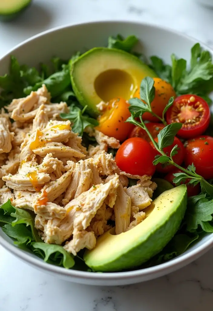 27 Low Carb Shredded Chicken Recipes That Make Meal Prep Easy - 4. Shredded Chicken and Avocado Bowl