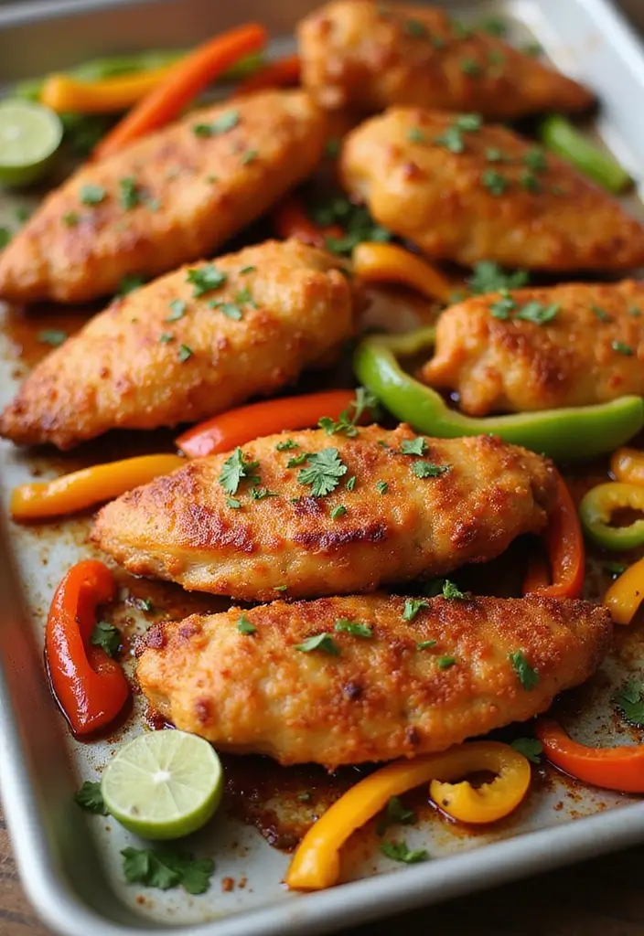 27 Sheet Pan Chicken Breast Recipes That Are Effortless & Juicy 15 27 Sheet Pan Chicken Breast Recipes That Are Effortless & Juicy - 14. Spicy Chicken Tenders with Peppers