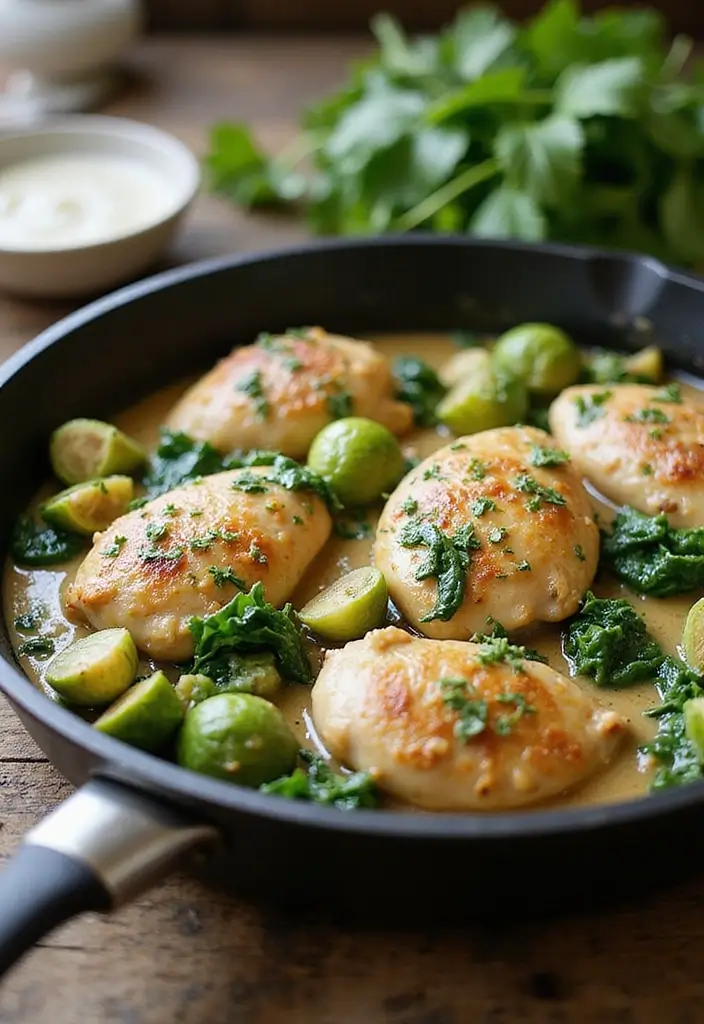 28 Chicken and Brussel Sprouts Recipes That Are Light & Nutritious - 12. Creamy Garlic Chicken with Brussels Sprouts and Spinach