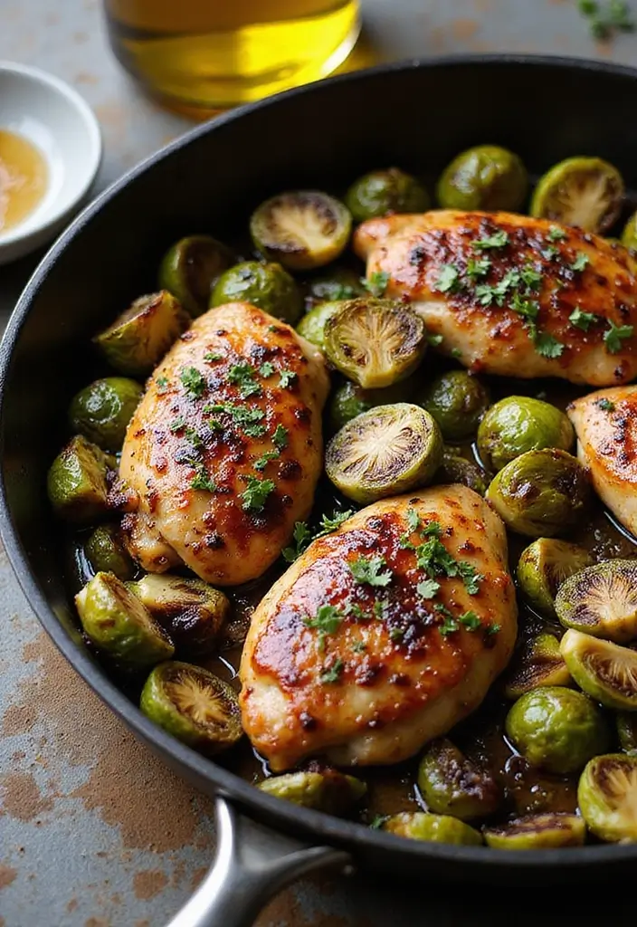 28 Chicken and Brussel Sprouts Recipes That Are Light & Nutritious - 2. Honey Balsamic Chicken & Brussels Sprouts Skillet