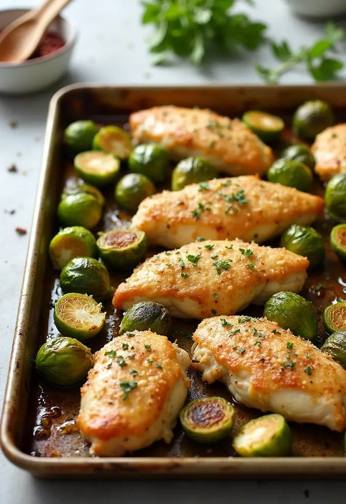 28 Chicken and Brussel Sprouts Recipes That Are Light & Nutritious - 6. One-Pan Garlic Parmesan Chicken & Brussels Sprouts
