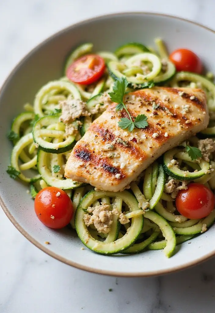 29 Healthy Greek Chicken Bowls That Feel Fresh and Balanced - 26. Greek Chicken and Zucchini Noodle Bowl
