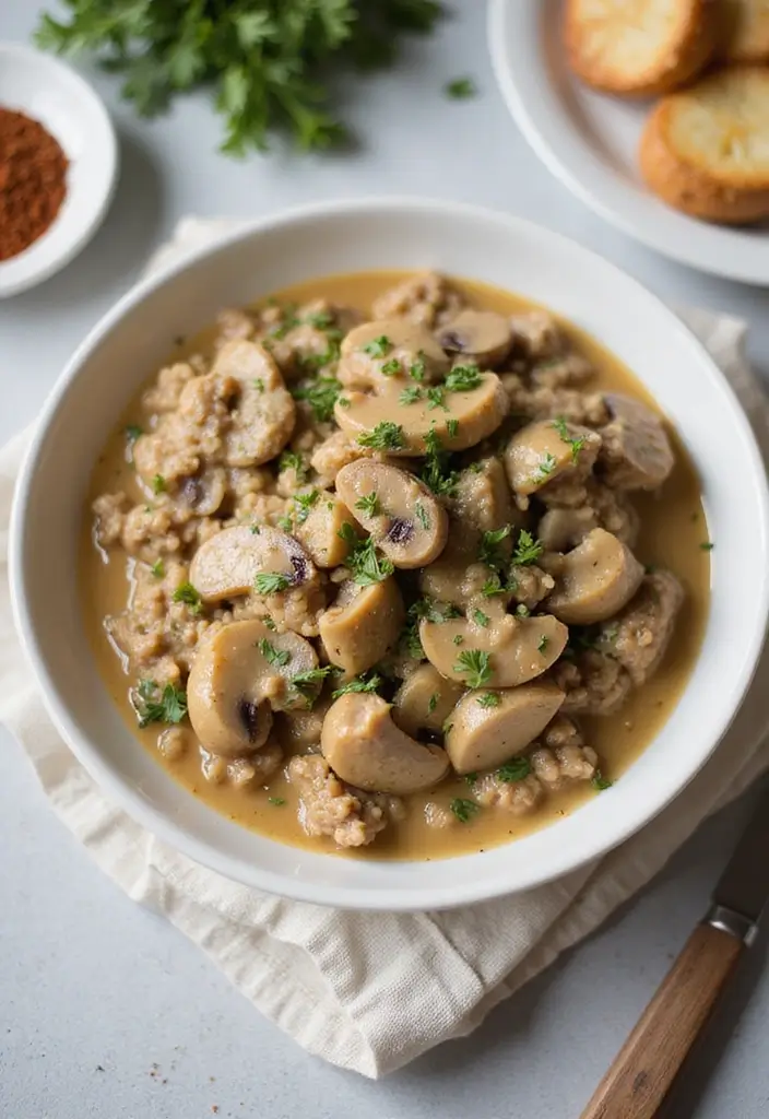 29 Low Carb Ground Chicken Recipes That Are Filling & Flavorful - 21. Ground Chicken and Mushroom Stroganoff