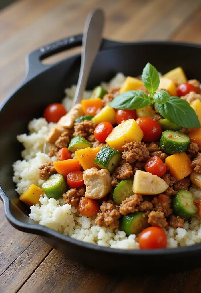 29 Low Carb Ground Chicken Recipes That Are Filling & Flavorful - 6. Ground Chicken Skillet with Cauliflower Rice