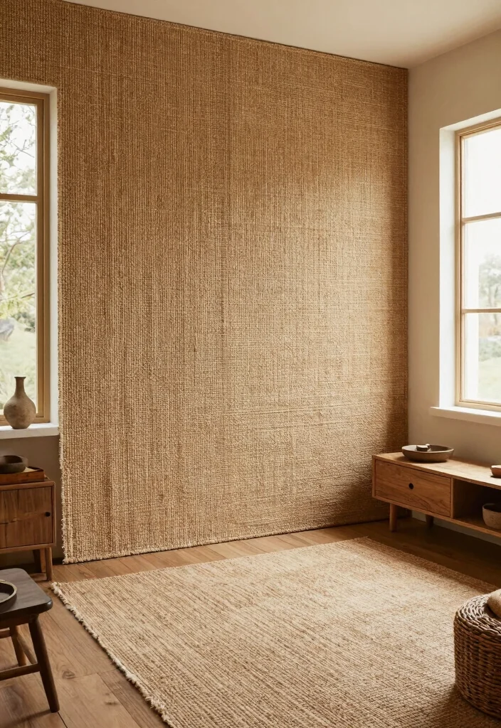 15 Carpet on Wall Ideas With Bold Textured Style - 7. Rustic Charm with Natural Fibers 1