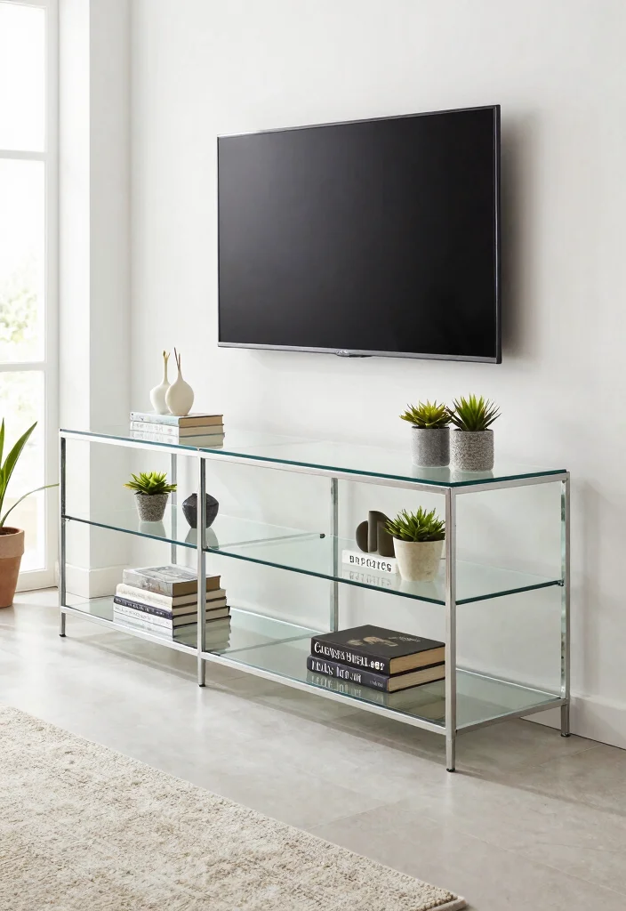 15 Island TV Unit Ideas With Modern Minimal Style - 5. Minimalist Glass and Metal Combo 1