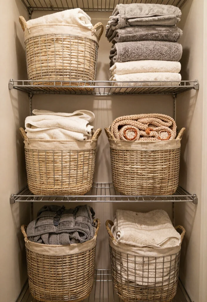 15 Wire Shelf Closet Organization Ideas That Maximize Storage - 11. Use Baskets for Textiles 1