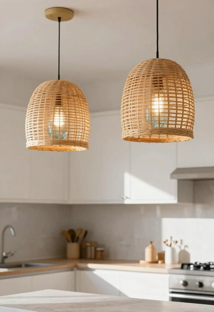 16 Rattan Pendant Light Kitchen Island Ideas With Warm Texture - 10. Rattan with Glass Accents 1