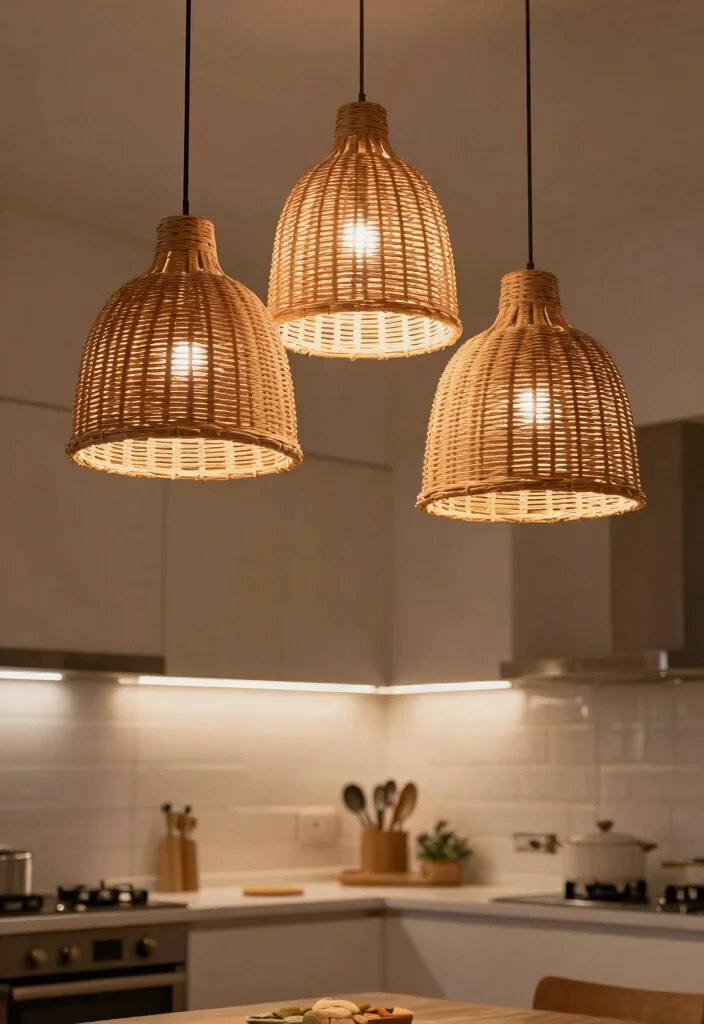16 Rattan Pendant Light Kitchen Island Ideas With Warm Texture - 11. Layered Lighting with Rattan Fixtures 1