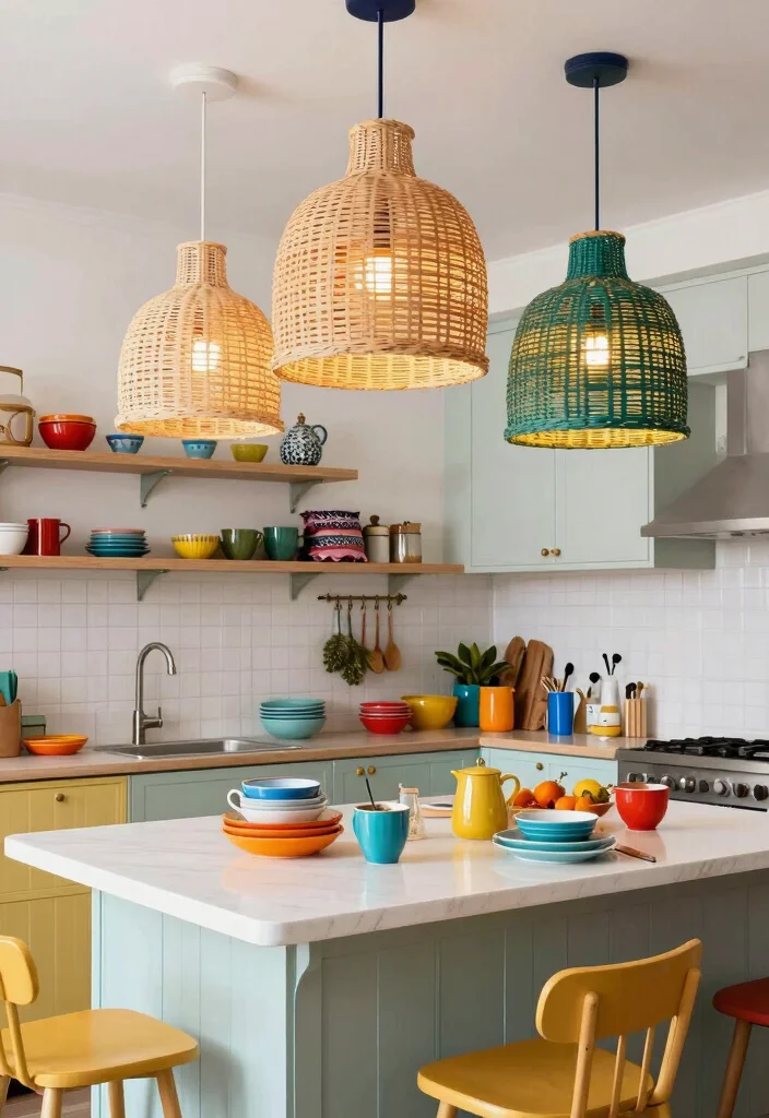 16 Rattan Pendant Light Kitchen Island Ideas With Warm Texture - 14. Rattan Pendants with Colorful Hues 1