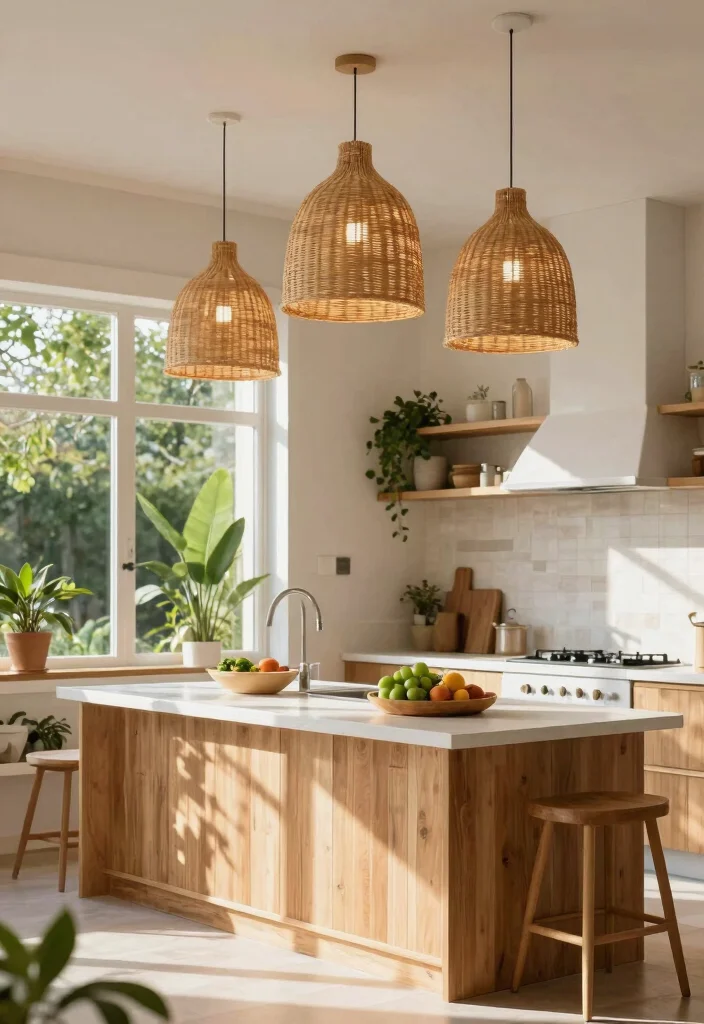 16 Rattan Pendant Light Kitchen Island Ideas With Warm Texture - 15. Rattan Pendants in Natural Settings 1