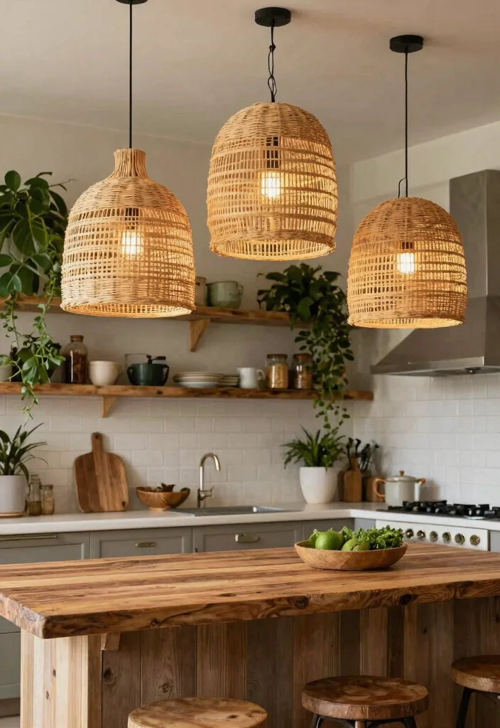 16 Rattan Pendant Light Kitchen Island Ideas With Warm Texture - 2. Bohemian Bliss with Multi-Layered Rattan Lights 1