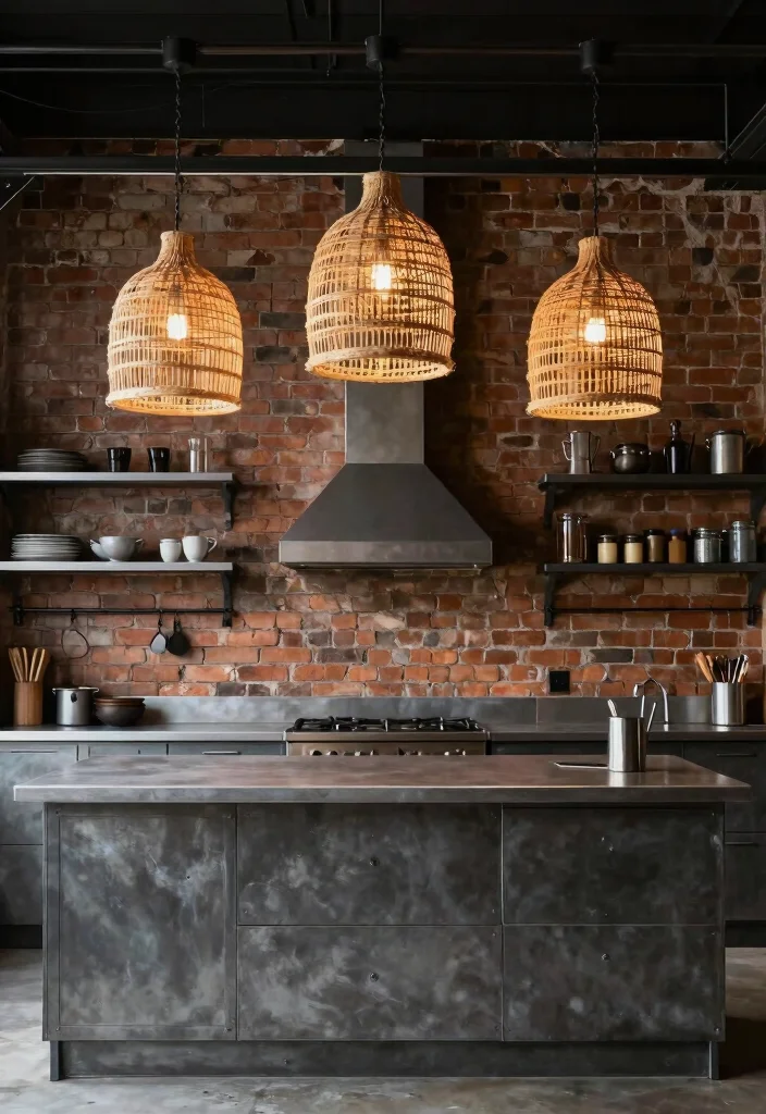 16 Rattan Pendant Light Kitchen Island Ideas With Warm Texture - 5. Industrial Chic with Rattan Elements 1