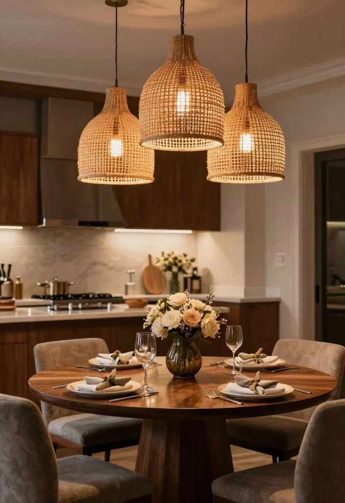 16 Rattan Pendant Light Kitchen Island Ideas With Warm Texture - 7. Elegant Dining with Rattan Shades 1