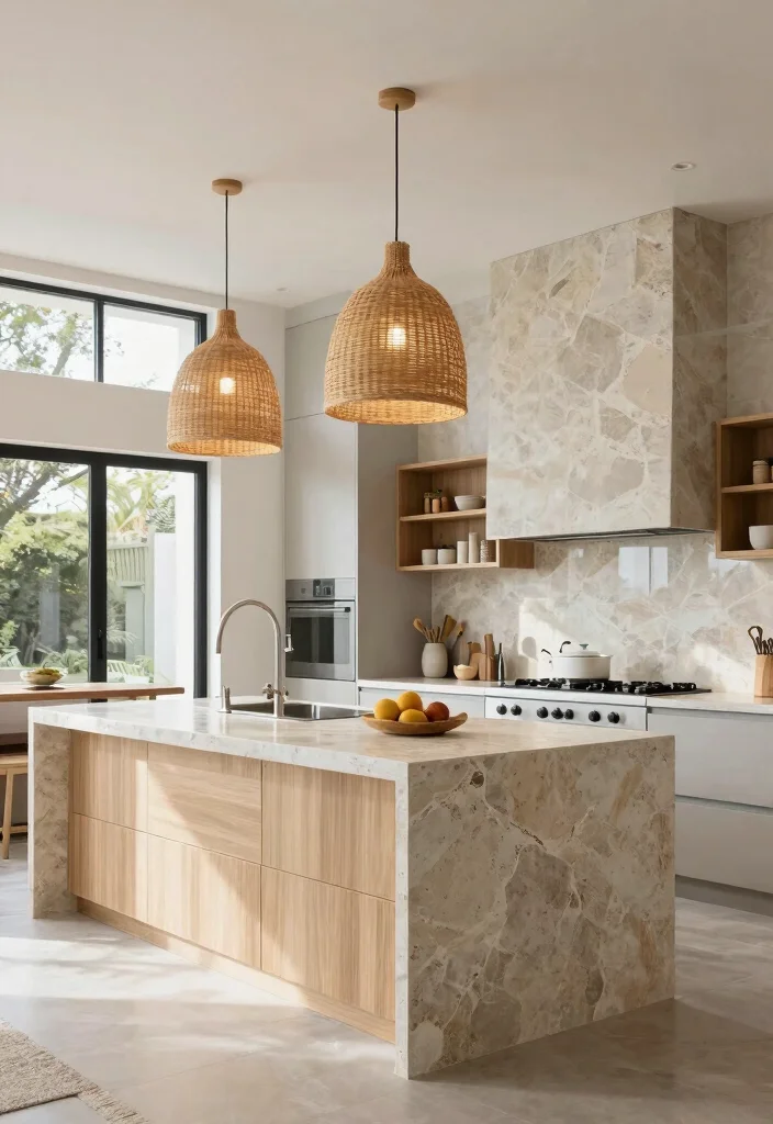 16 Rattan Pendant Light Kitchen Island Ideas With Warm Texture - 8. Modern Farmhouse Mix with Rattan Touches 1