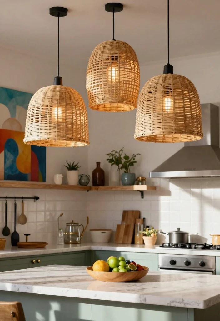 16 Rattan Pendant Light Kitchen Island Ideas With Warm Texture - 9. Artistic Flair with Unique Rattan Styles 1