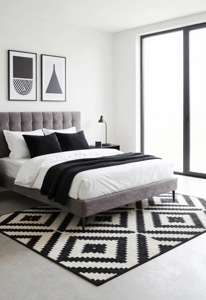 17 Black and White Rug Bedroom Ideas With Bold Contrast - 1. Geometric Chic 1