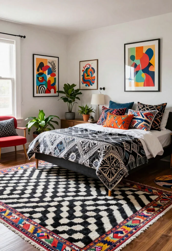 17 Black and White Rug Bedroom Ideas With Bold Contrast - 10. Layered Patterns 1