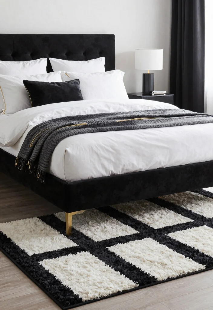 17 Black and White Rug Bedroom Ideas With Bold Contrast - 11. Monochrome Elegance 1