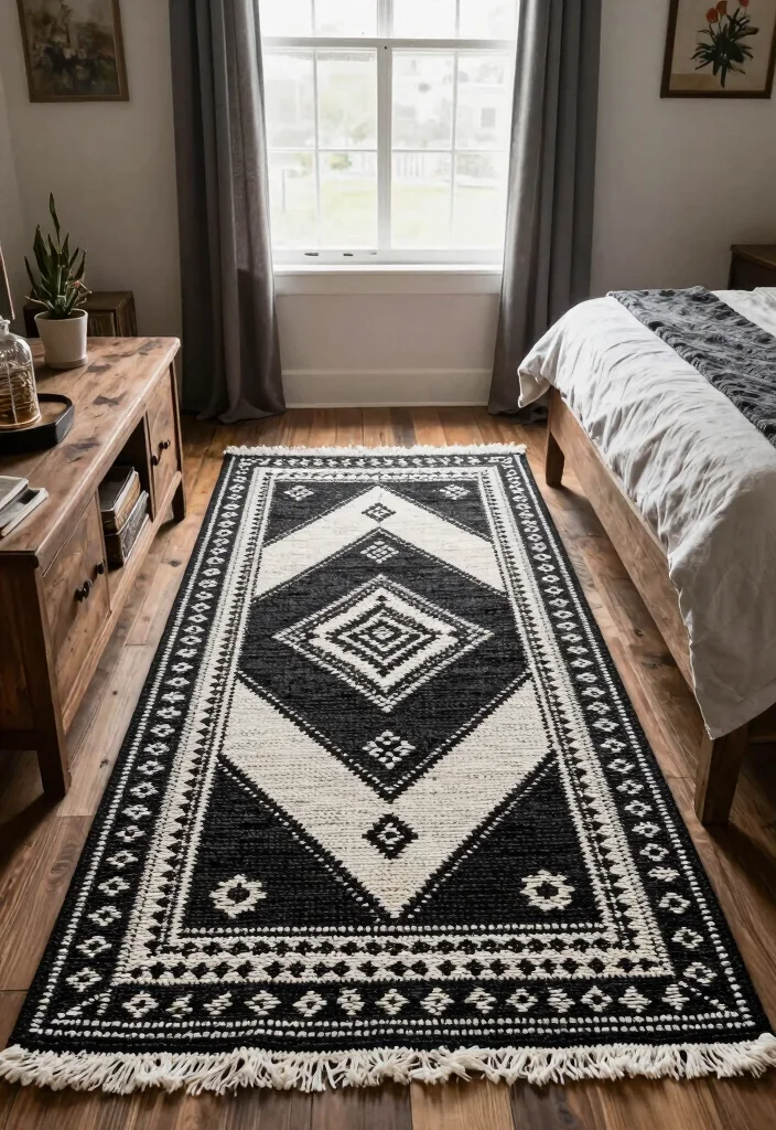 17 Black and White Rug Bedroom Ideas With Bold Contrast - 12. Artistic Handwoven 1