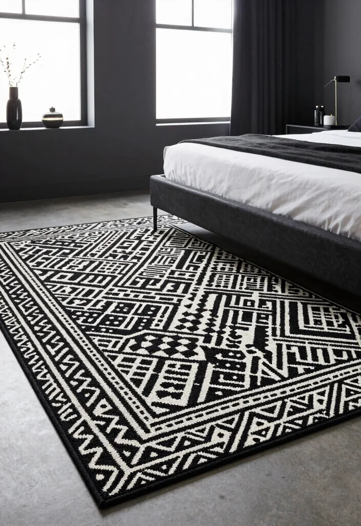 17 Black and White Rug Bedroom Ideas With Bold Contrast - 13. Modern Motifs 1