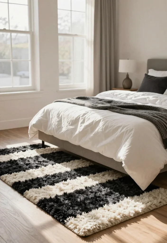 17 Black and White Rug Bedroom Ideas With Bold Contrast - 14. Soft Shag 1