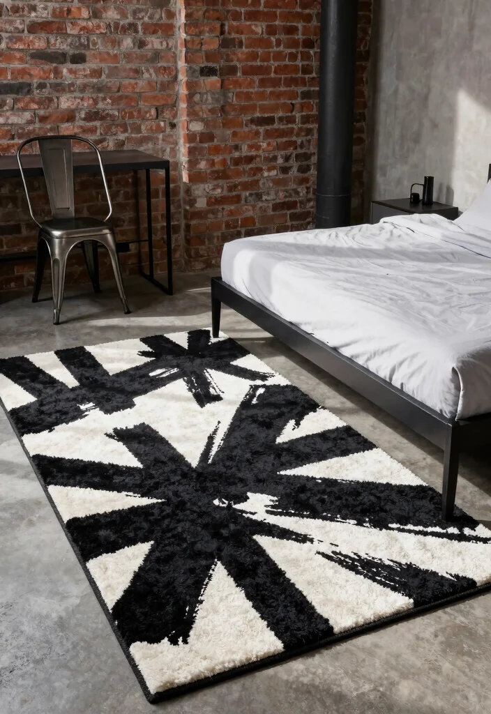 17 Black and White Rug Bedroom Ideas With Bold Contrast - 15. Urban Edge 1