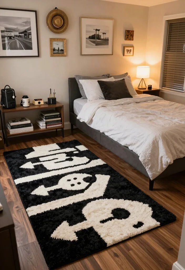 17 Black and White Rug Bedroom Ideas With Bold Contrast - 17. Personalized Touch 1