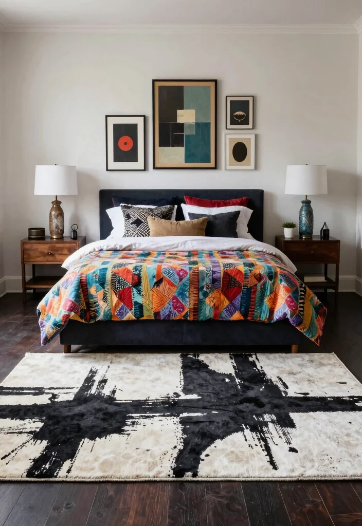 17 Black and White Rug Bedroom Ideas With Bold Contrast - 3. Artistic Flair 1
