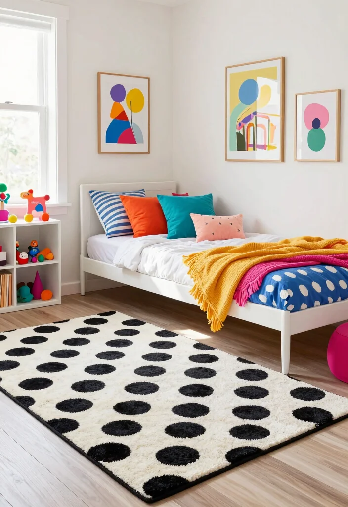 17 Black and White Rug Bedroom Ideas With Bold Contrast - 5. Playful Polka Dots 1