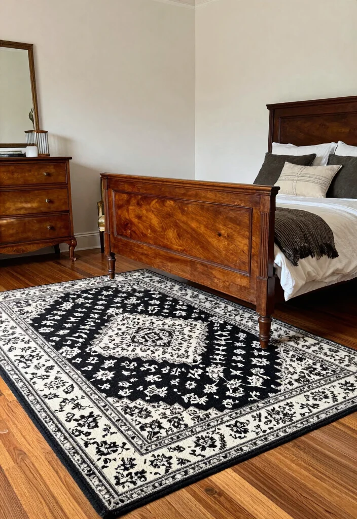 17 Black and White Rug Bedroom Ideas With Bold Contrast - 7. Vintage Charm 1