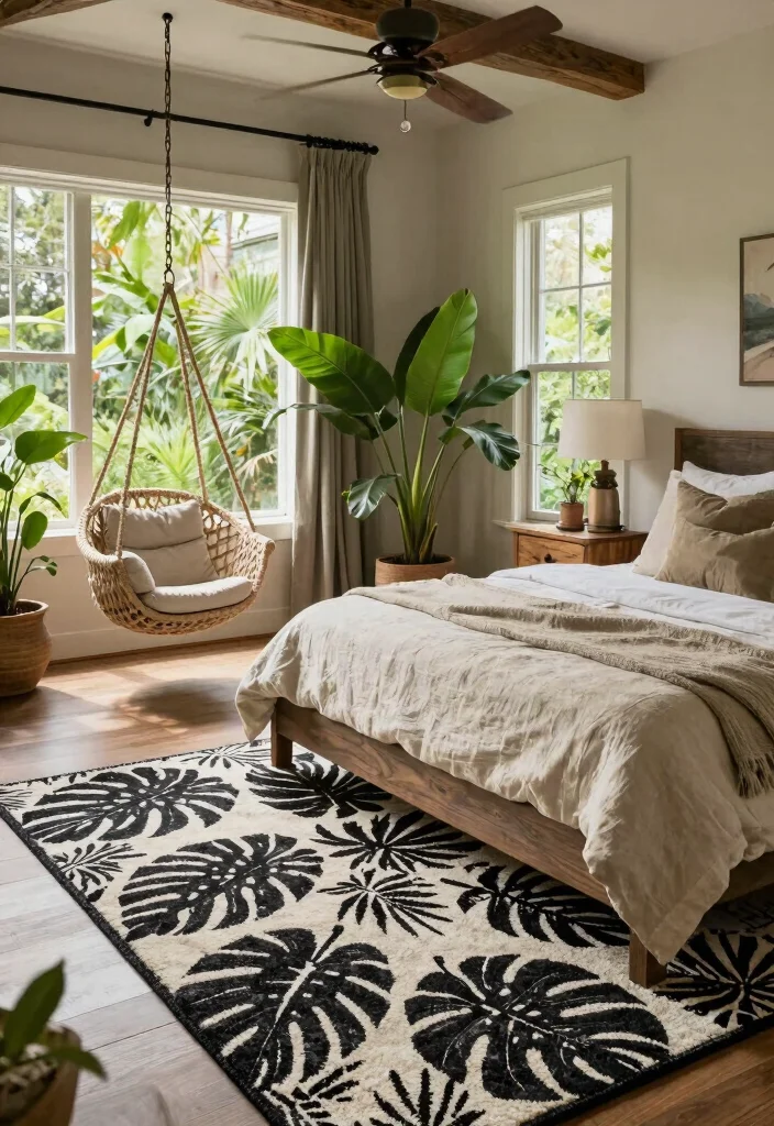 17 Black and White Rug Bedroom Ideas With Bold Contrast - 8. Nature-Inspired 1
