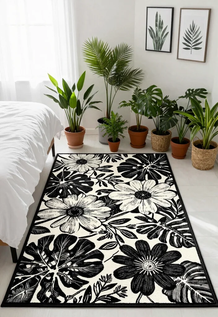 17 Black and White Rug Bedroom Ideas With Bold Contrast - 9. Bold Botanical 1
