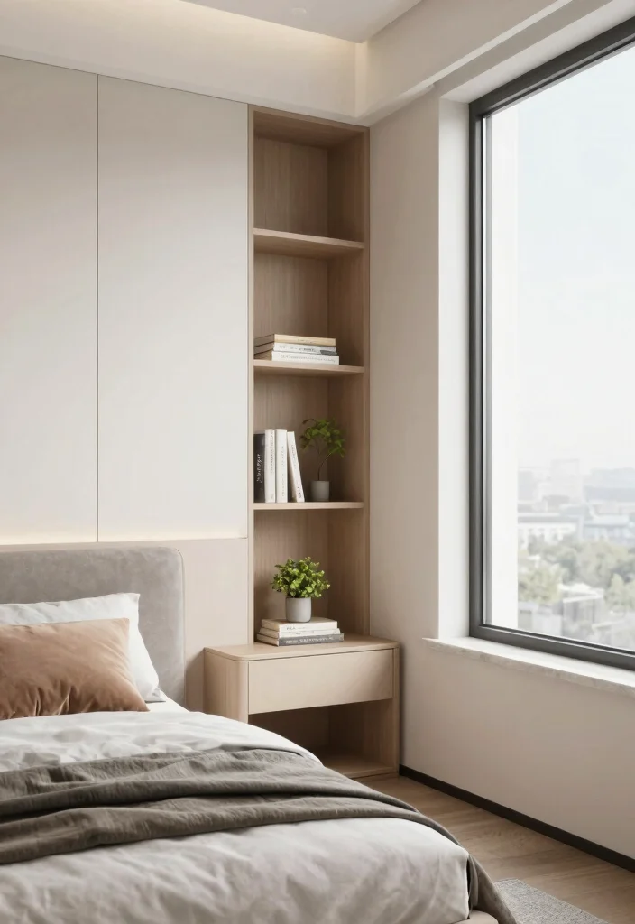 17 Narrow Nightstand Ideas That Fit Tiny Spaces - 12. Built-In Shelf Nightstand 1