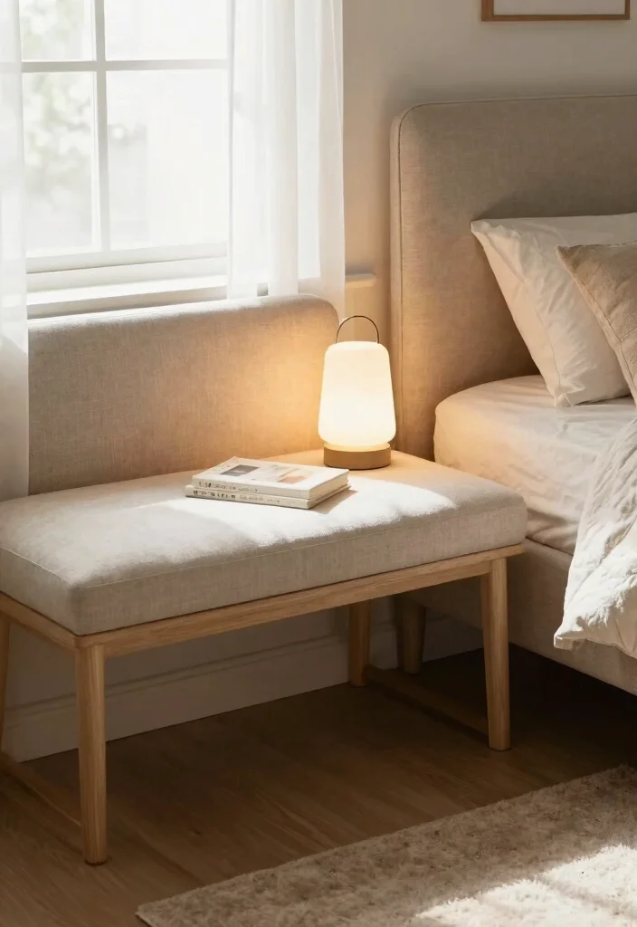 17 Narrow Nightstand Ideas That Fit Tiny Spaces - 15. Nightstand with a Bench 1