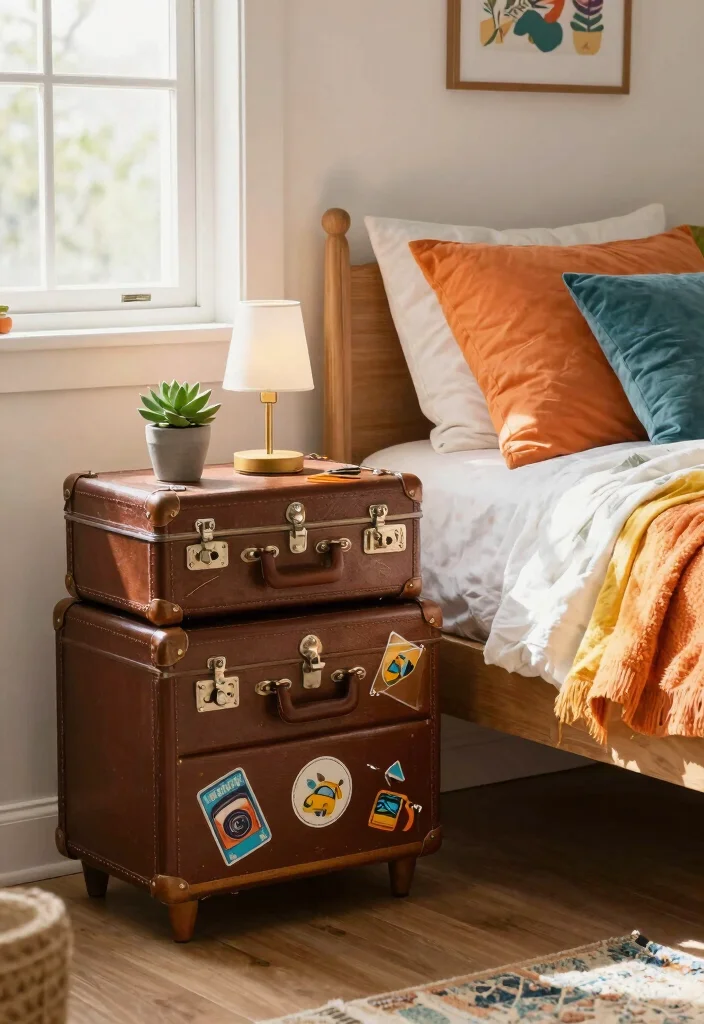 17 Narrow Nightstand Ideas That Fit Tiny Spaces - 4. Vintage Suitcase Nightstand 1