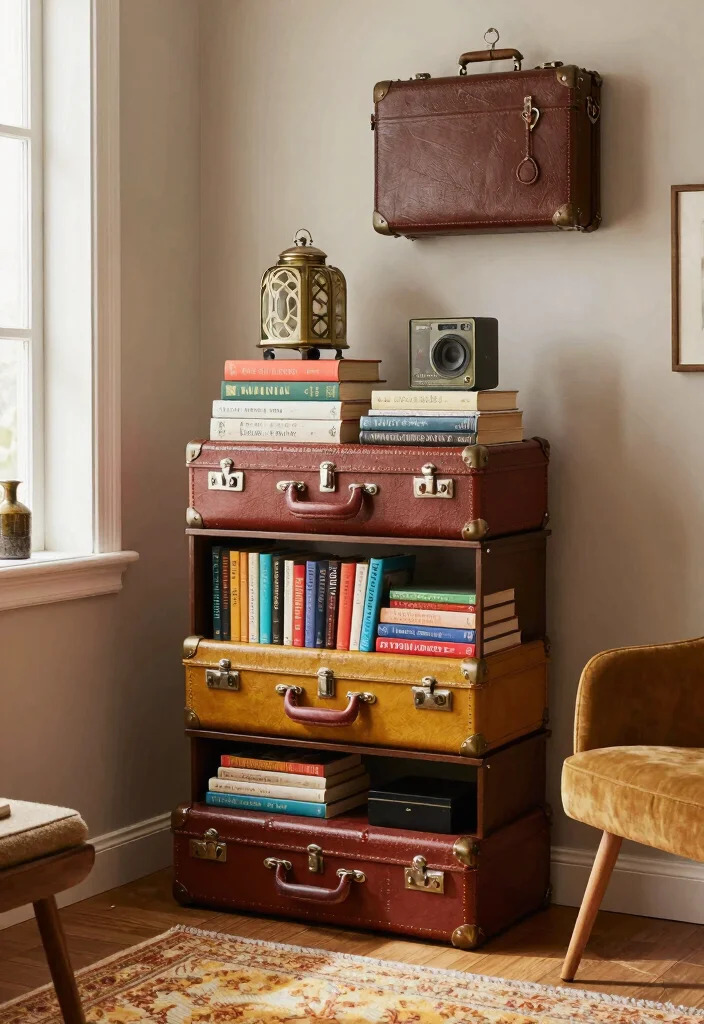 18 Bookshelf Design Wall Small Spaces Ideas That Save Room - 8. Vintage Suitcase Bookshelves for Unique Style 1